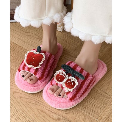 フルーツ モチーフ オープントゥ ファー スリッパ （レッド）｜詳細画像