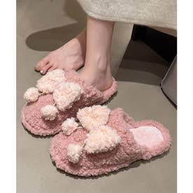 リボン ポンポン付き ふわもこ フラット スリッパ （ピンク）