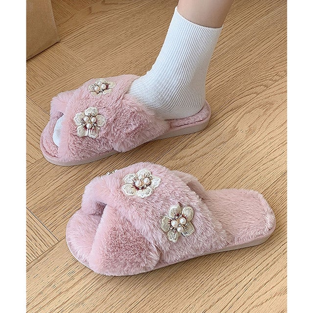 フラワー 刺繍 パール クロス ファー スリッパ （ピンク）