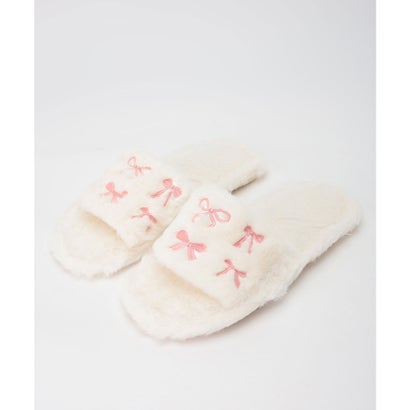 リボン 刺繍 ファー フラット ルーム サンダル （ホワイト）｜詳細画像