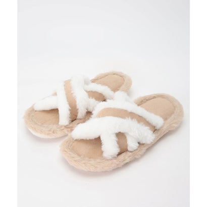 異素材 バイカラー クロス ファー スリッパ （ブラック）｜詳細画像