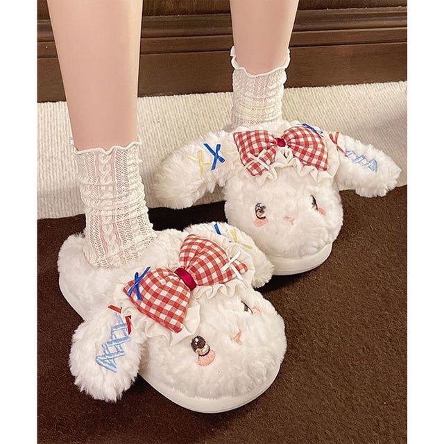 うさぎ リボン ふわもこ 耳付き 厚底 ルームシューズ （ホワイト）
