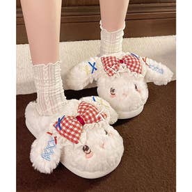 うさぎ リボン ふわもこ 耳付き 厚底 ルームシューズ （ホワイト）