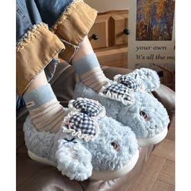 うさぎ リボン ふわもこ 耳付き 厚底 ルームシューズ （ブルー）