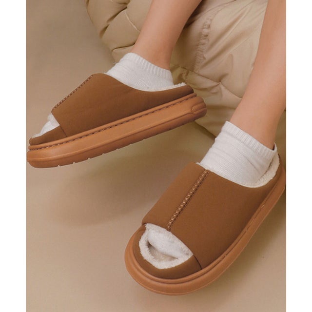 異素材 ファー コンフォート 厚底 ルームシューズ （ブラウン）