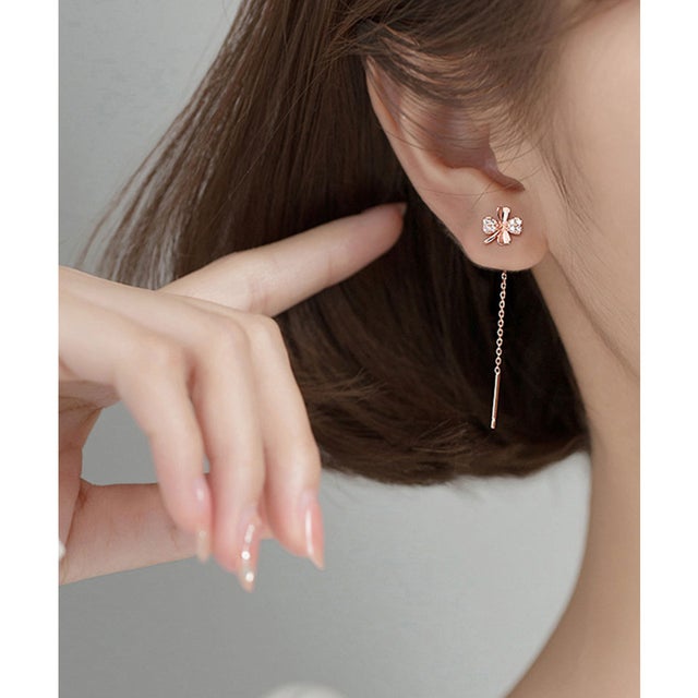 ビジュー クローバー ロング チェーン ピアス （ゴールド）