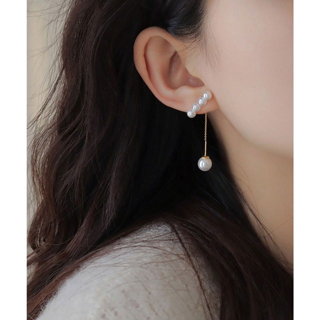 パール ライン ロング チェーン ピアス （ホワイト）