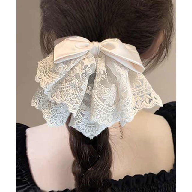 リボン レース ボリューム バンス ヘアクリップ （ホワイト）