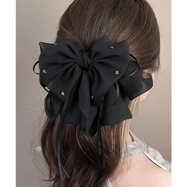 シフォン ビッグ リボン バンス ヘアクリップ （ブラック）