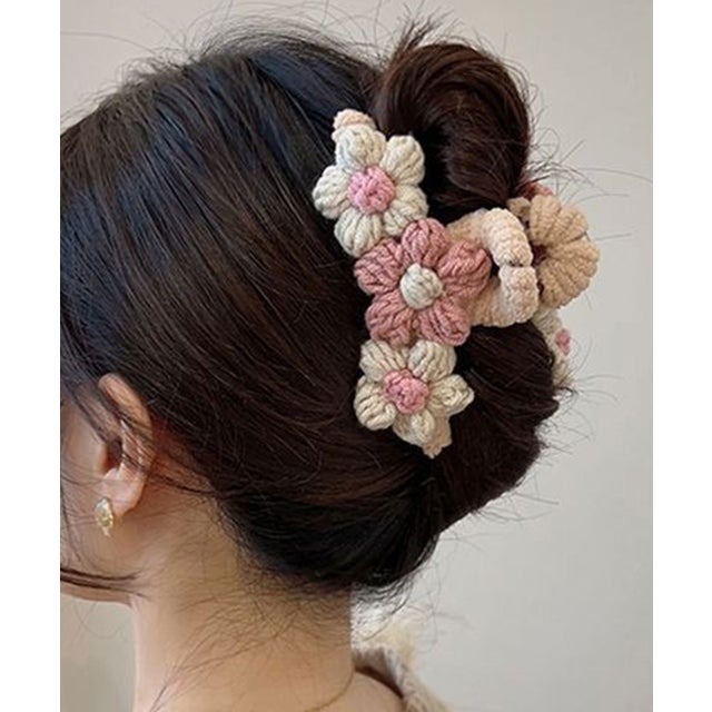 バイカラー 立体 ニット フラワー ヘアクリップ （ピンク）