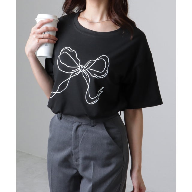 ソリッドカラー 半袖 リボン プリント Tシャツ （ブラック）