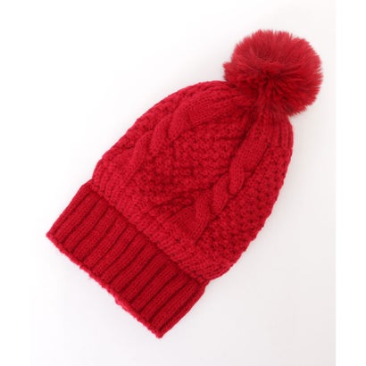 ビッグ ファー ポンポン付き ケーブル ニット ワッチ （ピンク）｜詳細画像
