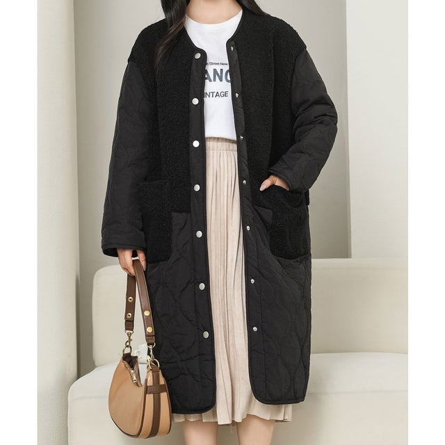 ノーカラー ボア ドッキング キルティング コート （ブラック）