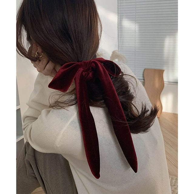 ベロア調 ロング リボン シュシュ ヘアゴム （ワインレッド）