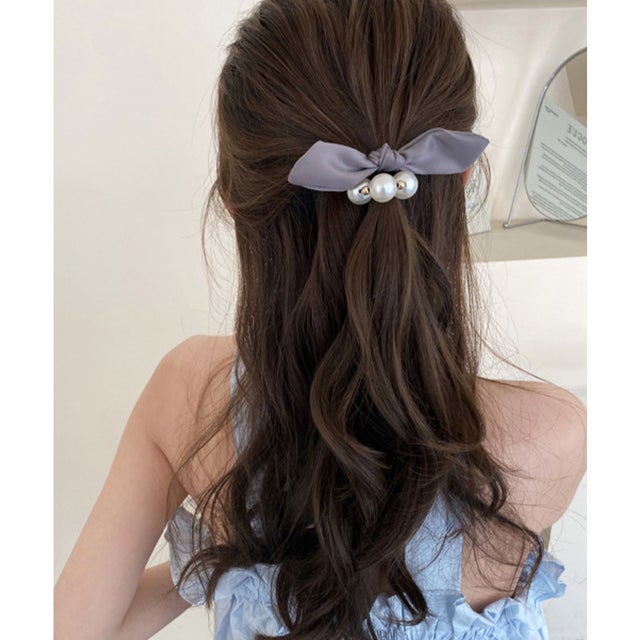 3連 パール ライン リボン ヘアゴム （グレー）