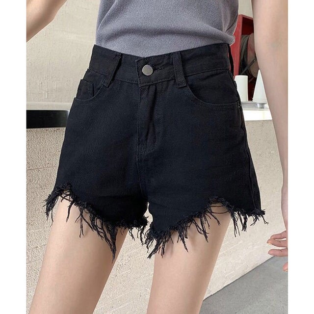 ハイウエスト ダメージ デニム ショート パンツ （ブラック）