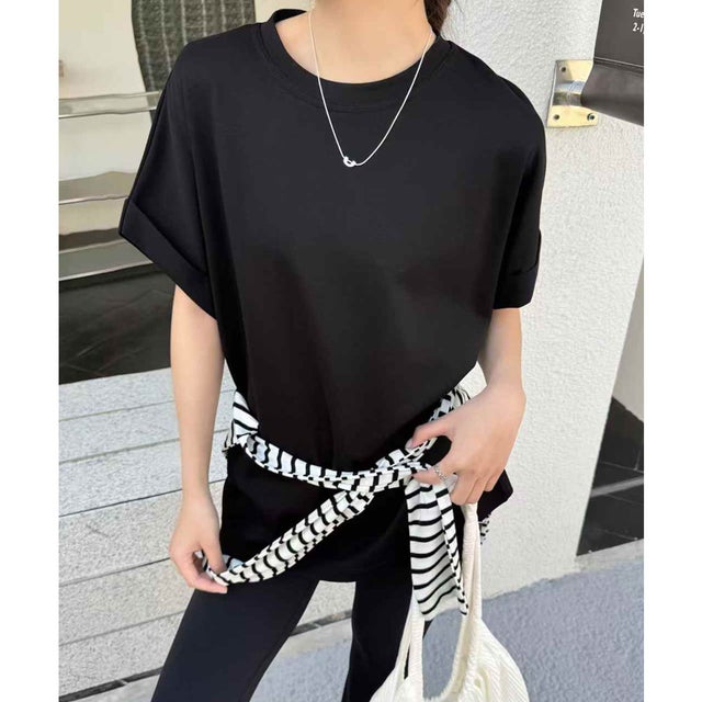 クルーネック ロールアップ オーバーサイズ：半袖 Tシャツ （ブラック）