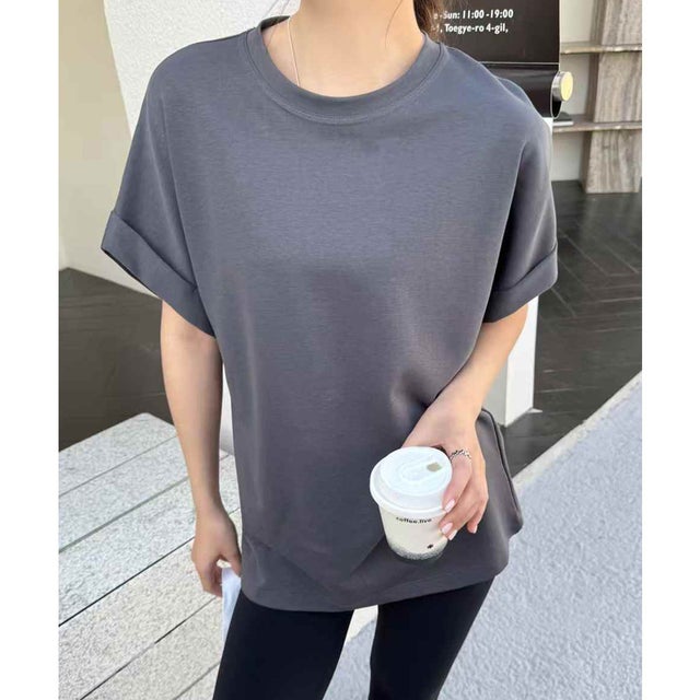 クルーネック ロールアップ オーバーサイズ：半袖 Tシャツ （グレー）