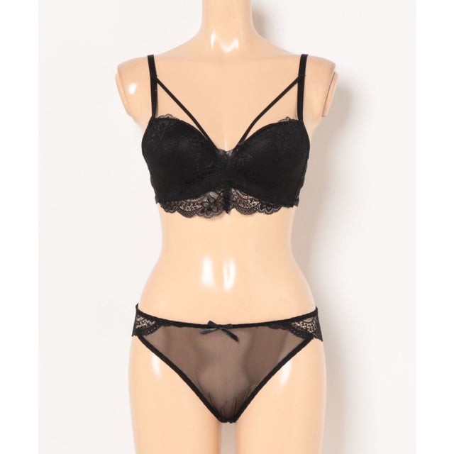 【2点セット】ボタニカル レース ストラップ ブラジャー&ショーツ【返品不可商品】 （ブラック）