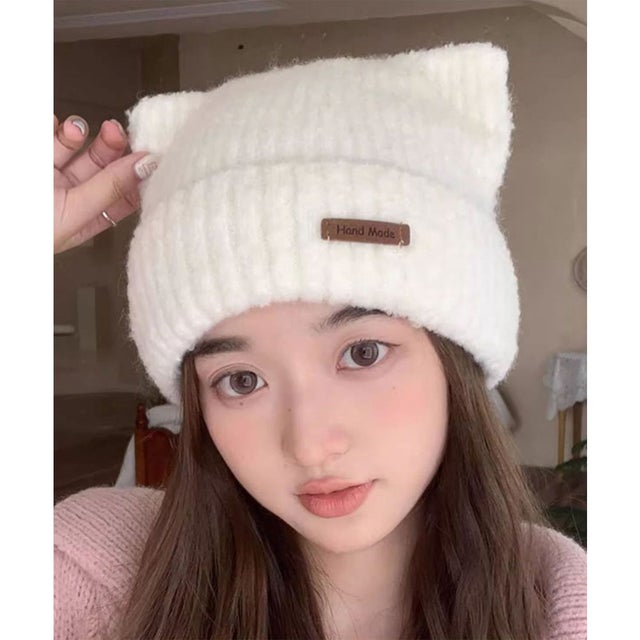 タグ付き ねこ耳 デザイン ニット ワッチ （ホワイト）