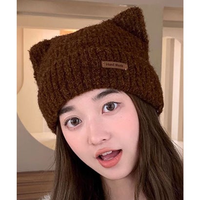 タグ付き ねこ耳 デザイン ニット ワッチ （ブラウン）｜詳細画像