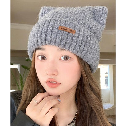タグ付き ねこ耳 デザイン ニット ワッチ （グレー）｜詳細画像