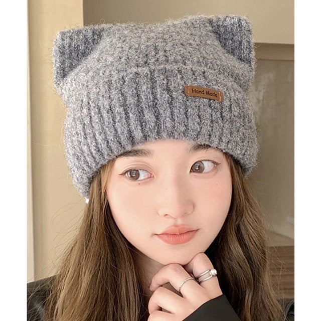 タグ付き ねこ耳 デザイン ニット ワッチ （グレー）