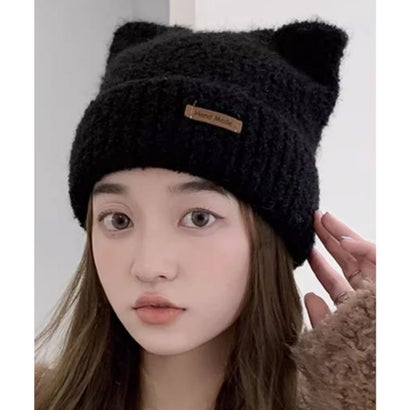 タグ付き ねこ耳 デザイン ニット ワッチ （ブラック）｜詳細画像