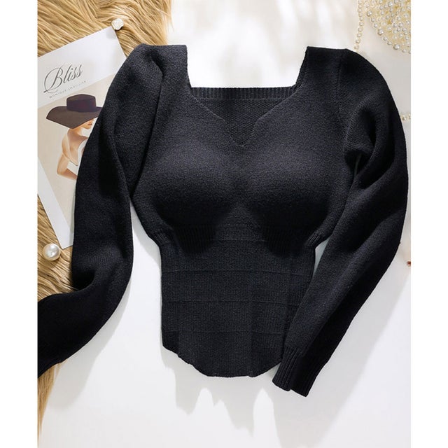 キーネック 長袖 カップ付き ニット インナー （ブラック）