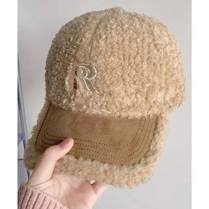 刺繍付き 異素材 ボア ニット キャップ （グレージュ）｜詳細画像