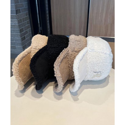 刺繍付き 異素材 ボア ニット キャップ （グレージュ）｜詳細画像