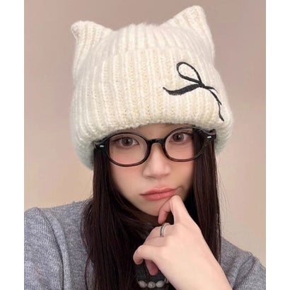 リボン付き 猫耳 モヘア ニット ワッチ （ホワイト）｜詳細画像