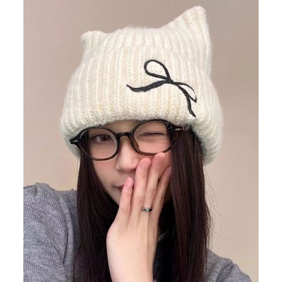 リボン付き 猫耳 モヘア ニット ワッチ （ホワイト）｜詳細画像