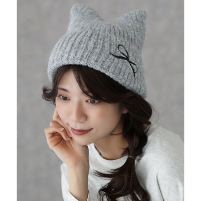 リボン付き 猫耳 モヘア ニット ワッチ （グレー）｜詳細画像