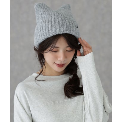リボン付き 猫耳 モヘア ニット ワッチ （グレー）｜詳細画像