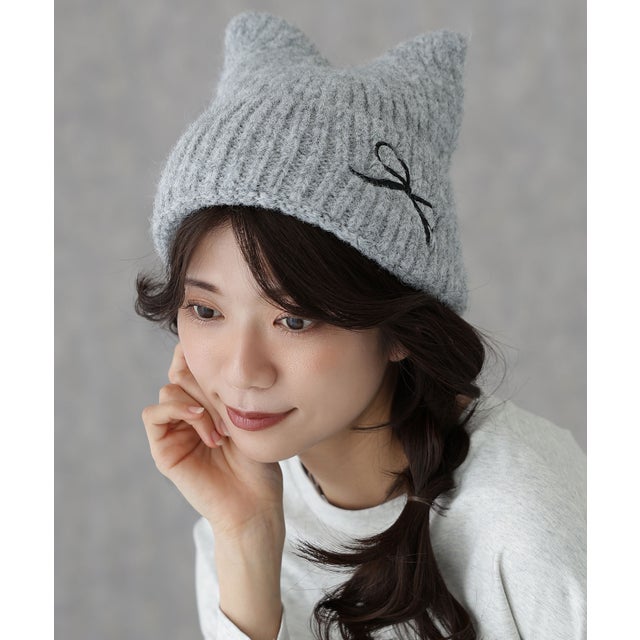 リボン付き 猫耳 モヘア ニット ワッチ （グレー）