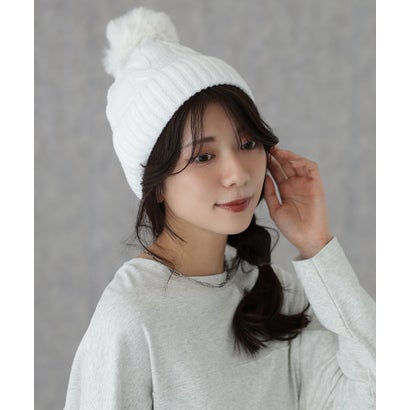 ソリッドカラー ケーブル柄 ポンポン リブ ニット帽 （アイボリー）｜詳細画像