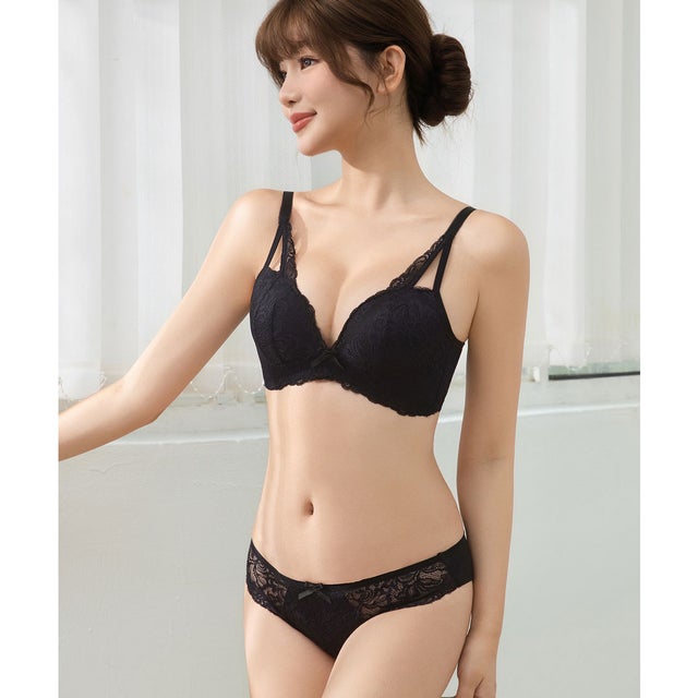 【2点セット】カットアウト風 サイド レース ブラ&ショーツ【返品不可商品】 （ブラック）