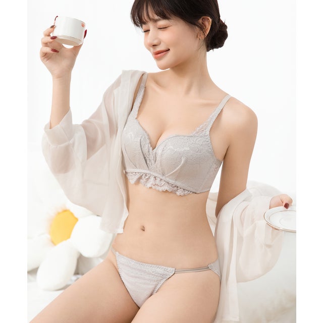 【2点セット】エレガント レース レイヤード ブラ&ショーツ【返品不可商品】 （グレー）
