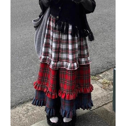 パッチワーク プリント ティアード ロング スカート （レッド）｜詳細画像