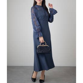 シアーレース ハイネック 長袖 フレア パーティードレス （チャコールグレー）