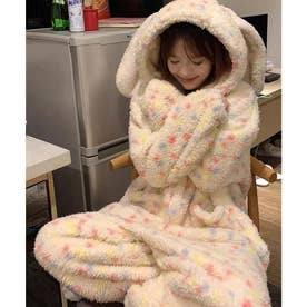 うさ耳 フード付き ふわふわ カラフル ドット柄 長袖 ルームウェア （アイボリー）