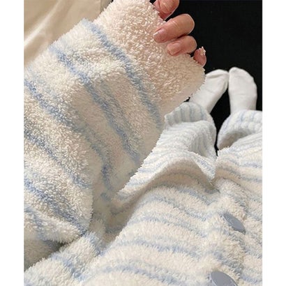 ボーダー ふわふわ 前開き 長袖 パジャマ （ブルー）｜詳細画像