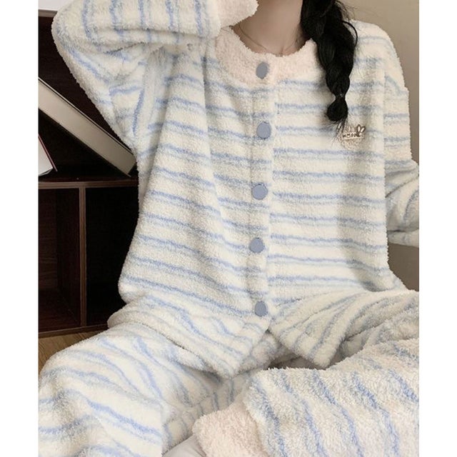 ボーダー ふわふわ 前開き 長袖 パジャマ （ブルー）