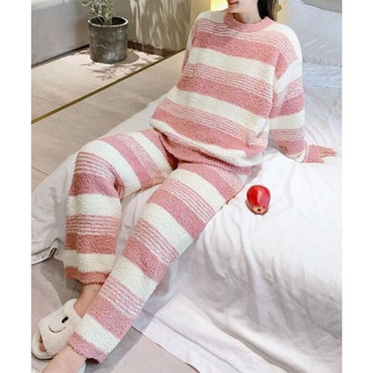 ボーダー ふわふわ 厚手 長袖 パジャマ （ピンク）｜詳細画像