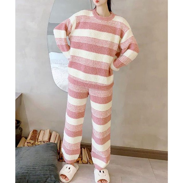 ボーダー ふわふわ 厚手 長袖 パジャマ （ピンク）