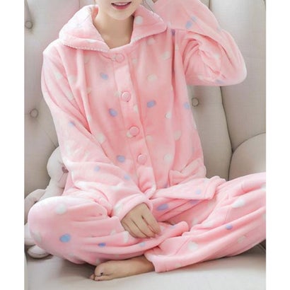総柄 フリース 襟付き 長袖 パジャマ 上 （ピンク）｜詳細画像
