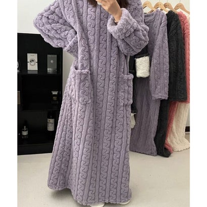 ふわふわ ケーブル柄 ロング丈 長袖 ルーム ワンピース （パープル）｜詳細画像