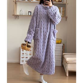 ふわふわ ケーブル柄 ロング丈 長袖 ルーム ワンピース （パープル）