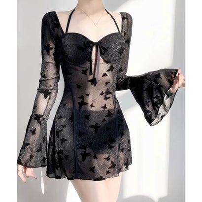 レースレディース Lace Ladies 【2点セット】バタフライ柄 ホルターネック ワンピース 水着 （ブラック）｜詳細画像